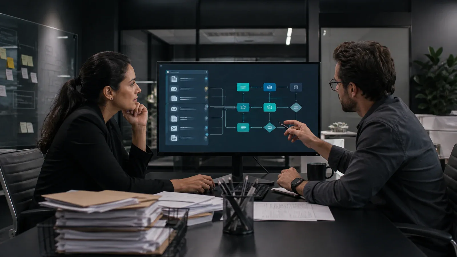 Profissionais analisando um fluxo empresarial assistido por inteligência artificial